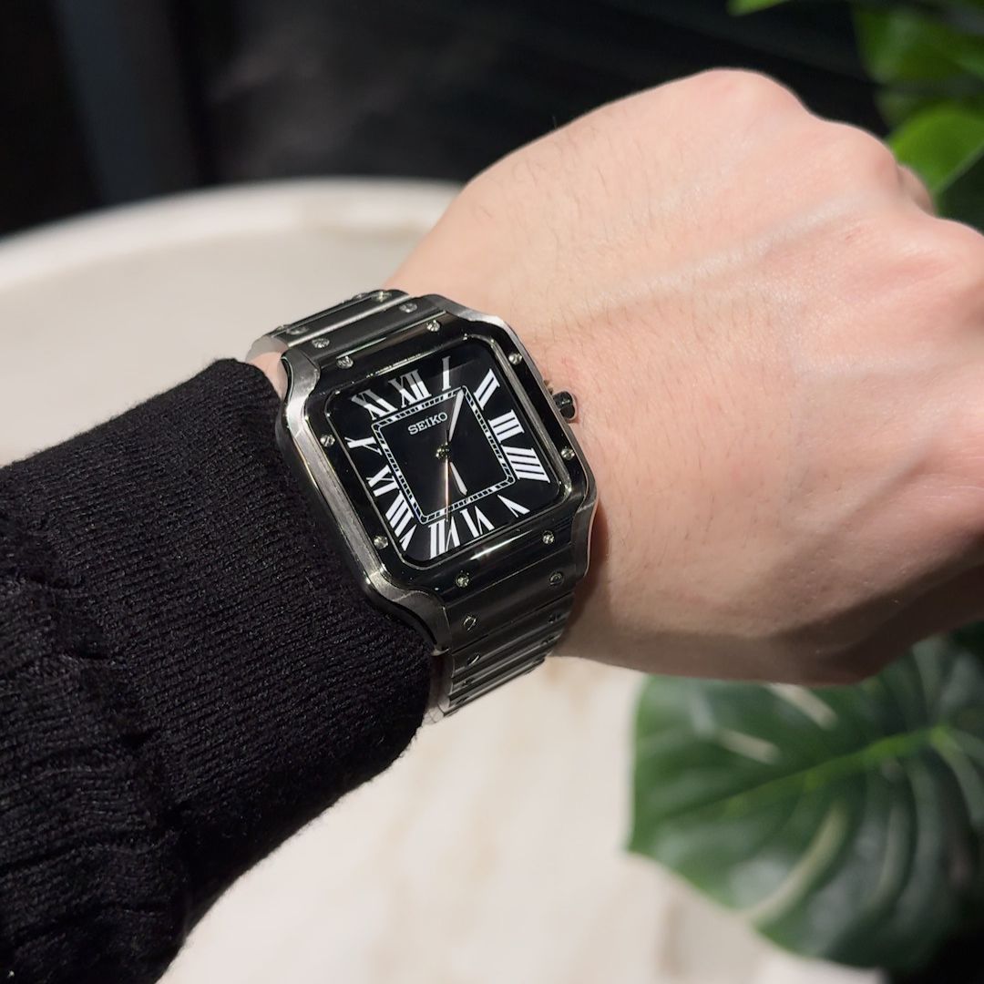 Sankos Black de HW Design, reloj cuadrado de vestir de 38 mm con esfera negra, caja de acero 316L y cristal de zafiro