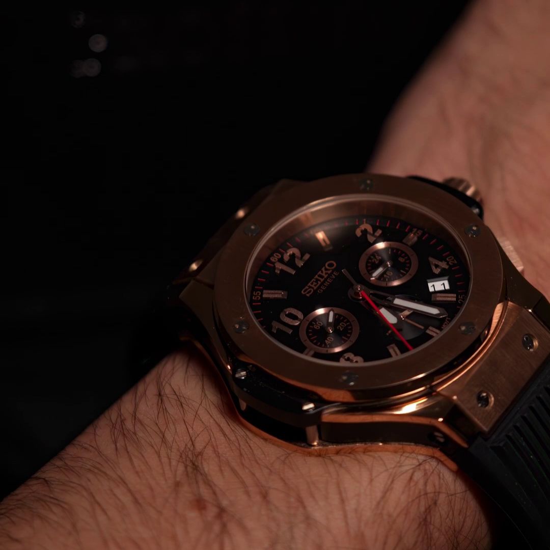 Hubleiko Big Bang Rose Gold de HW Design, cronógrafo de 42,5 mm con esfera de oro rosa, caja de acero 316L y cristal de zafiro