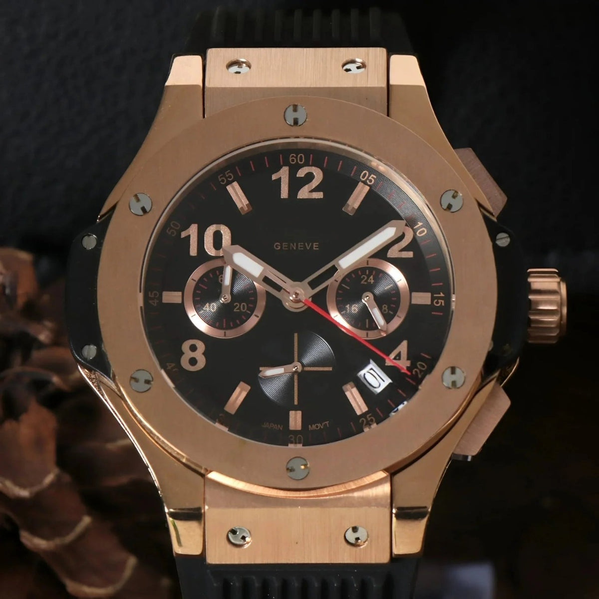 Hubleiko Big Bang Rose Gold de HW Design, cronógrafo de 42,5 mm con esfera de oro rosa, caja de acero 316L y cristal de zafiro