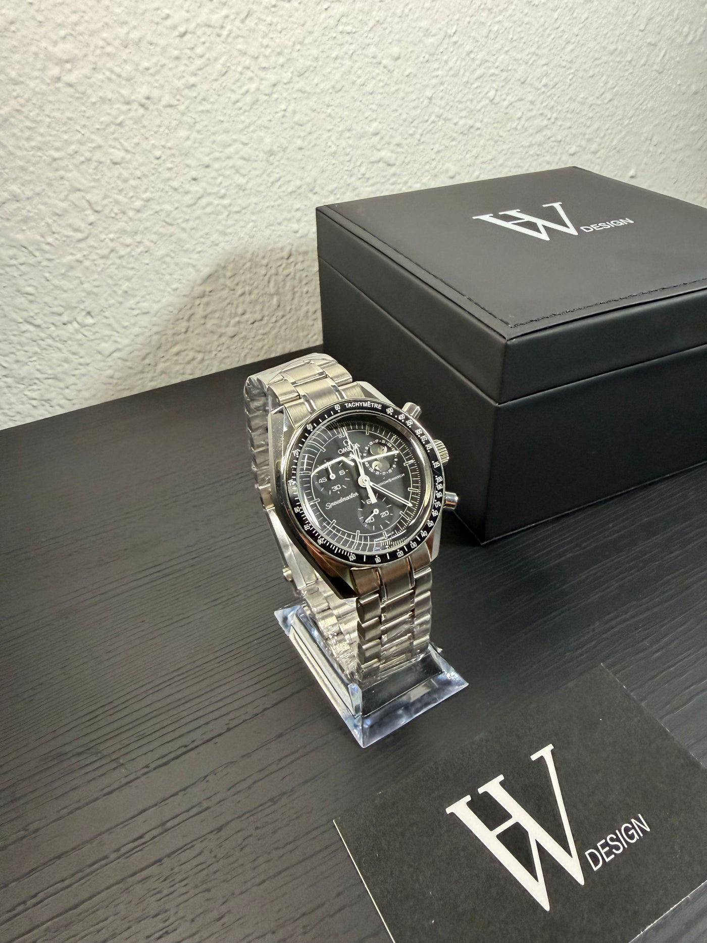 Omega x Swatch Mission to Moon black snoopy Moonphase Steel mod de HW Design, cronógrafo de 42 mm con esfera negra, caja de acero 316L y cristal de zafiro