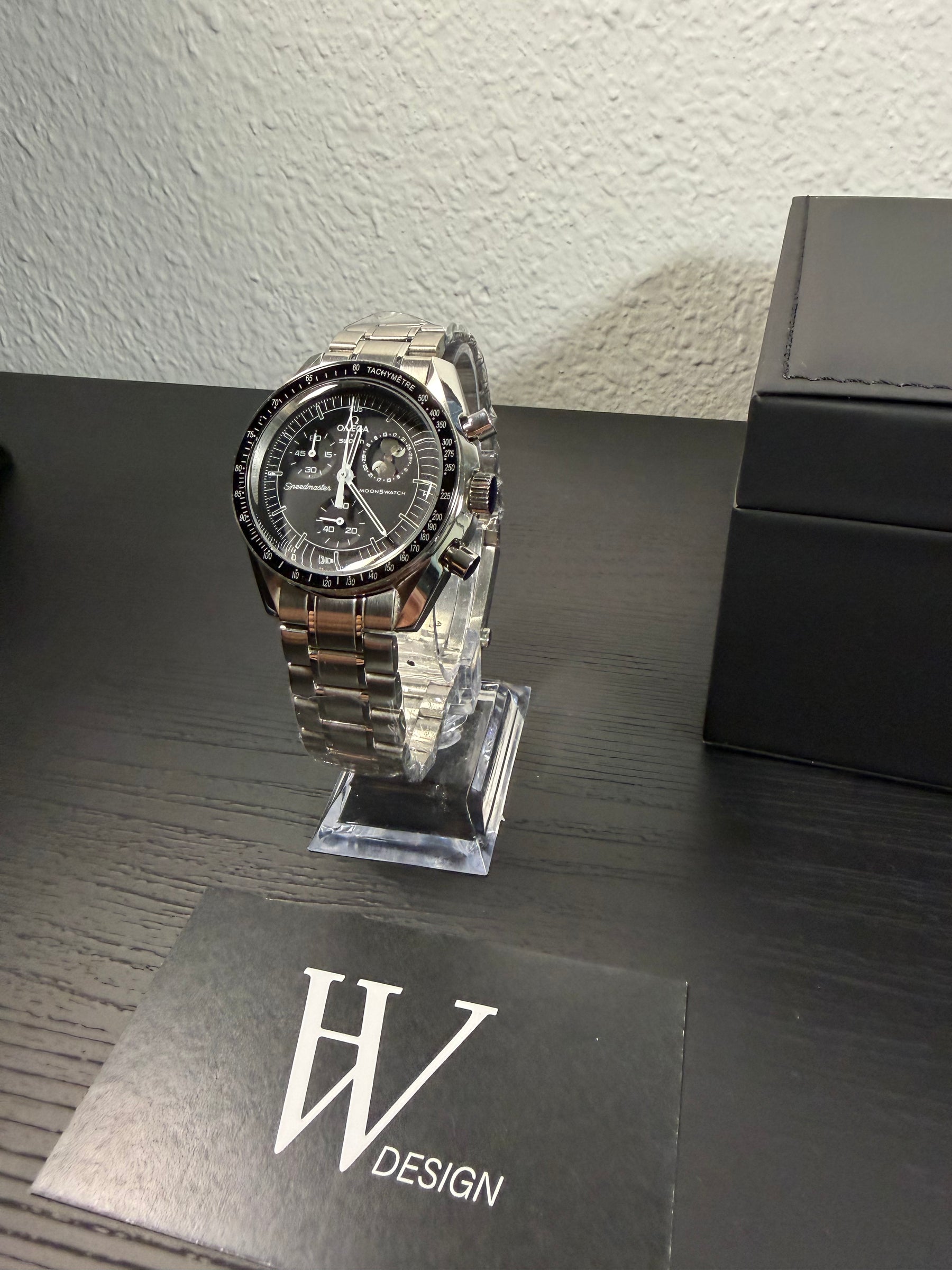 Omega x Swatch Mission to Moon black snoopy Moonphase Steel mod de HW Design, cronógrafo de 42 mm con esfera negra, caja de acero 316L y cristal de zafiro