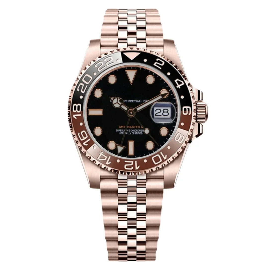 Seikmariner GMT Master Rootbeer All Rose de HW Design, reloj diver GMT de 40 mm con esfera marrón y detalles en oro rosa, caja de acero 904L