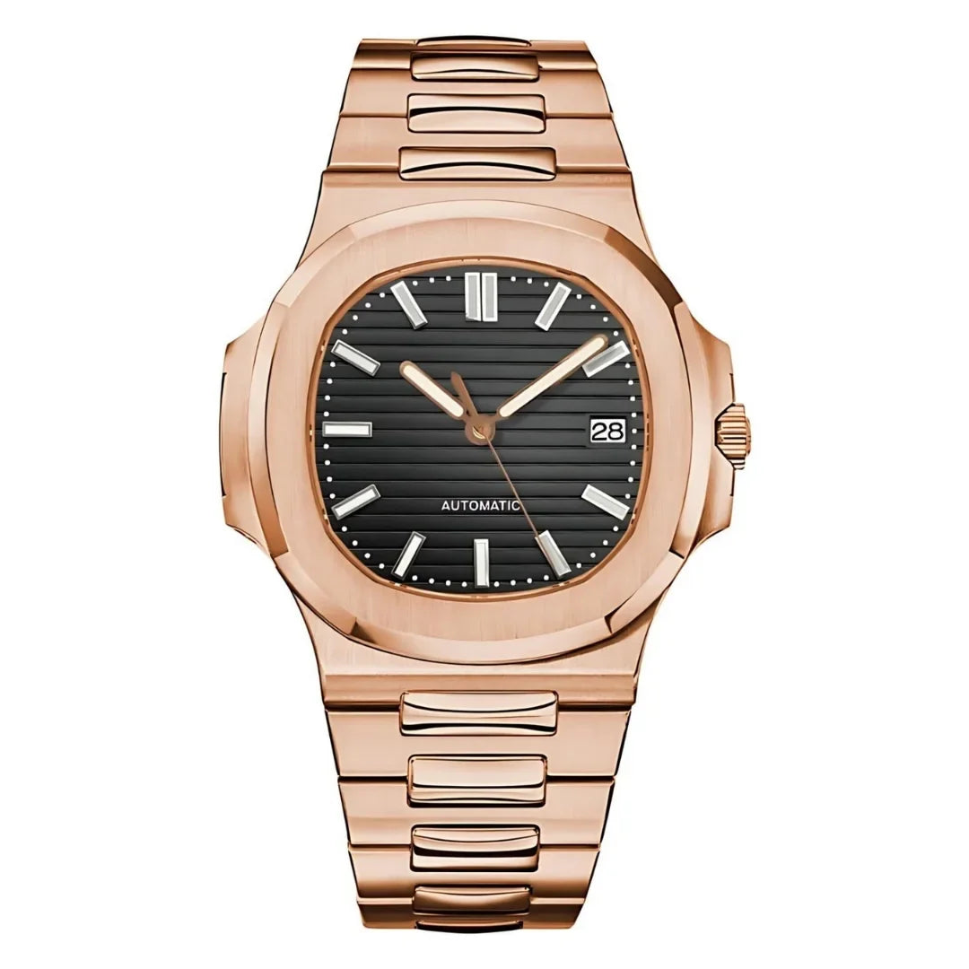 Nautiko Rose Gold Black de HW Design, reloj de 42 mm con esfera negra y detalles en oro rosa, caja de acero 316L y cristal de zafiro