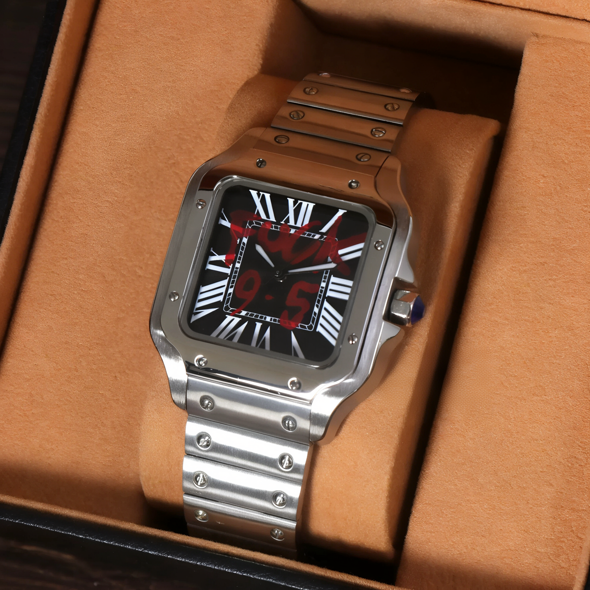 Sankos F**k 9-5 Black de HW Design, reloj cuadrado de vestir de 38 mm con esfera negra, caja de acero 316L y cristal de zafiro