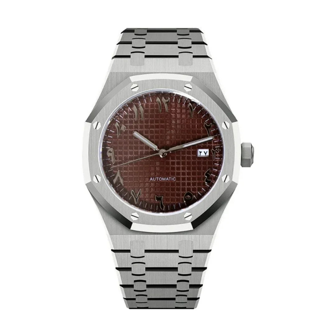Royal Seikoak Arabic Brown de HW Design, reloj de caja integrada de 41 mm con esfera marrón, acero 316L y cristal de zafiro