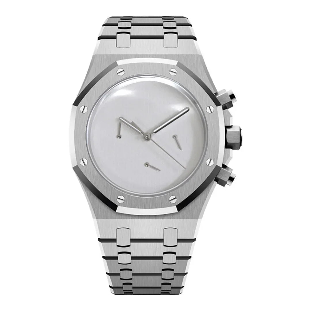 Royal Seikoak Chrono Silver Minimalist de HW Design, cronógrafo de caja integrada de 41 mm con esfera plateada, acero 316L y cristal de zafiro