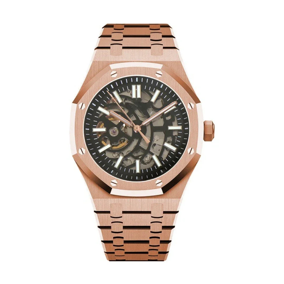 Royal Seikoak Rose Gold Skeleton de HW Design, reloj tipo esqueleto de caja integrada de 41 mm con esfera de oro rosa, acero 316L y cristal de zafiro