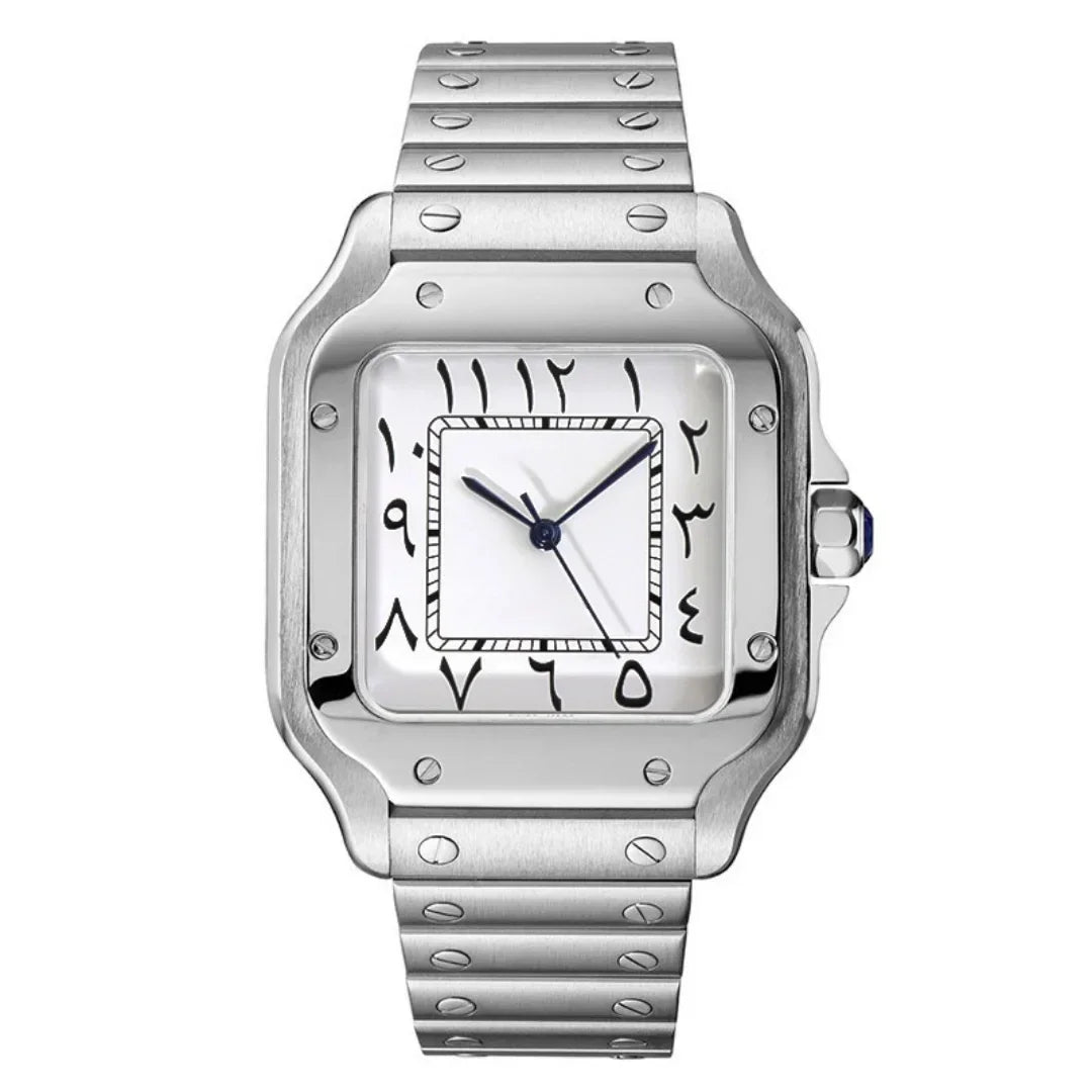 Sankos Arabic White de HW Design, reloj cuadrado de vestir de 38 mm con esfera blanca, caja de acero 316L y cristal de zafiro