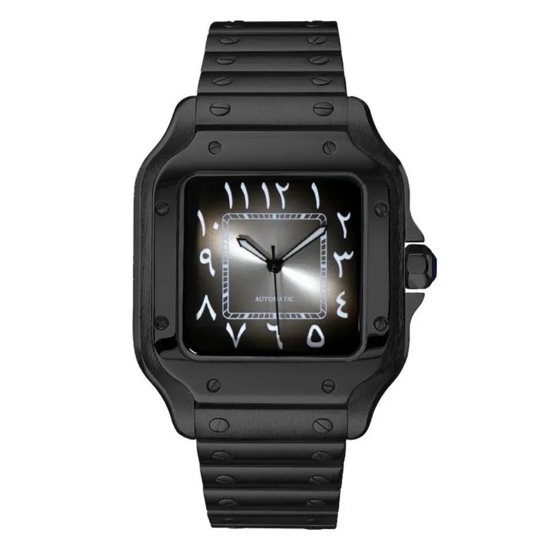 Sankos Arabic Ghost Black de HW Design, reloj cuadrado de vestir de 38 mm con esfera negra, caja de acero 316L y cristal de zafiro