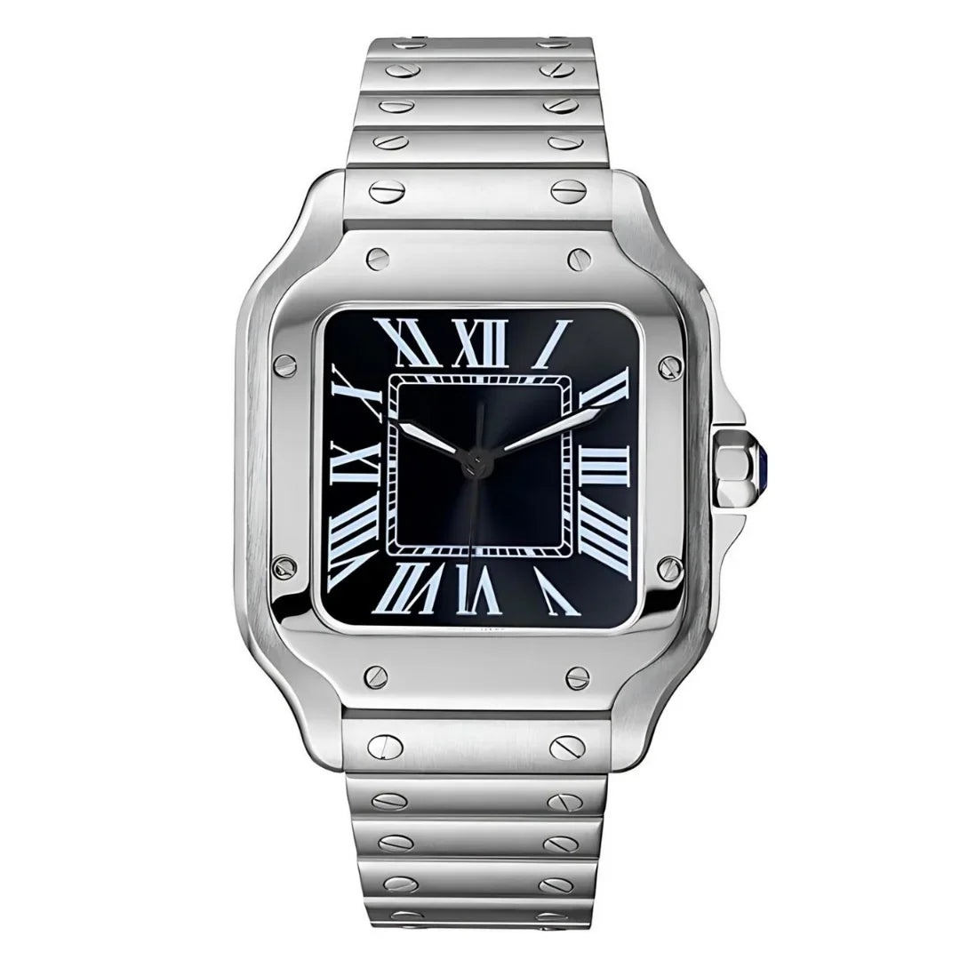 Sankos Black de HW Design, reloj cuadrado de vestir de 38 mm con esfera negra, caja de acero 316L y cristal de zafiro