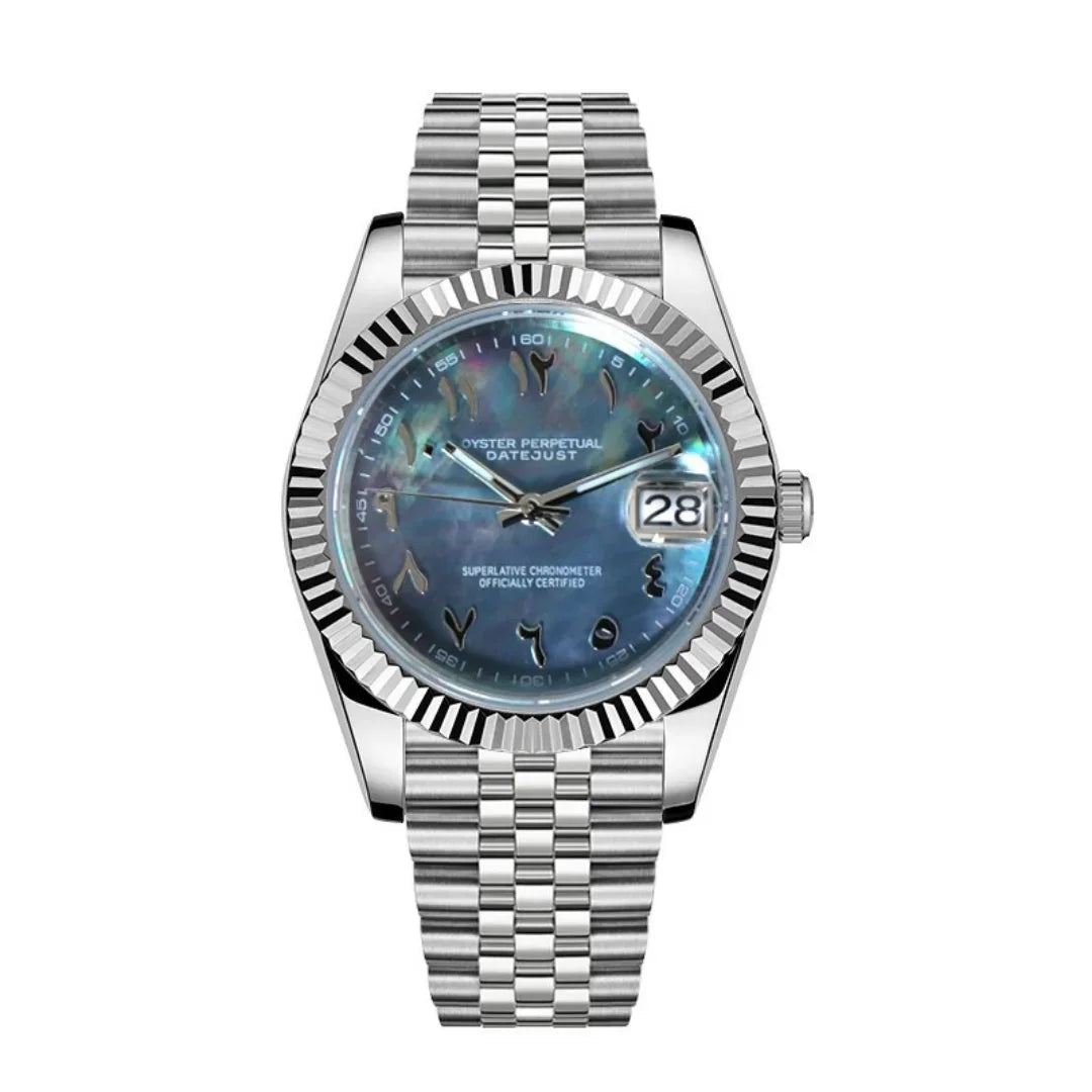 Dateko Arabic Cosmos de HW Design, reloj de vestir de 36 o 39 mm con esfera negra, caja de acero 316L y cristal de zafiro