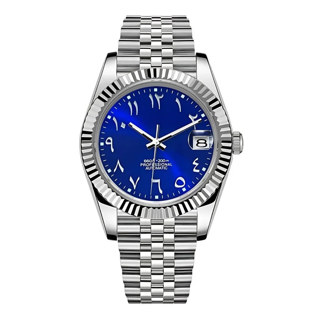 Dateko Arabic Royal Blue de HW Design, reloj de vestir de 36 o 39 mm con esfera azul, caja de acero 316L y cristal de zafiro
