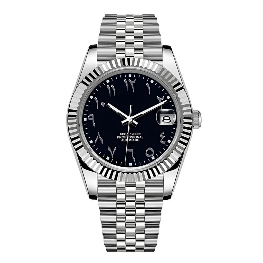 Dateko Arabic Black de HW Design, reloj de vestir de 36 o 39 mm con esfera negra, caja de acero 316L y cristal de zafiro