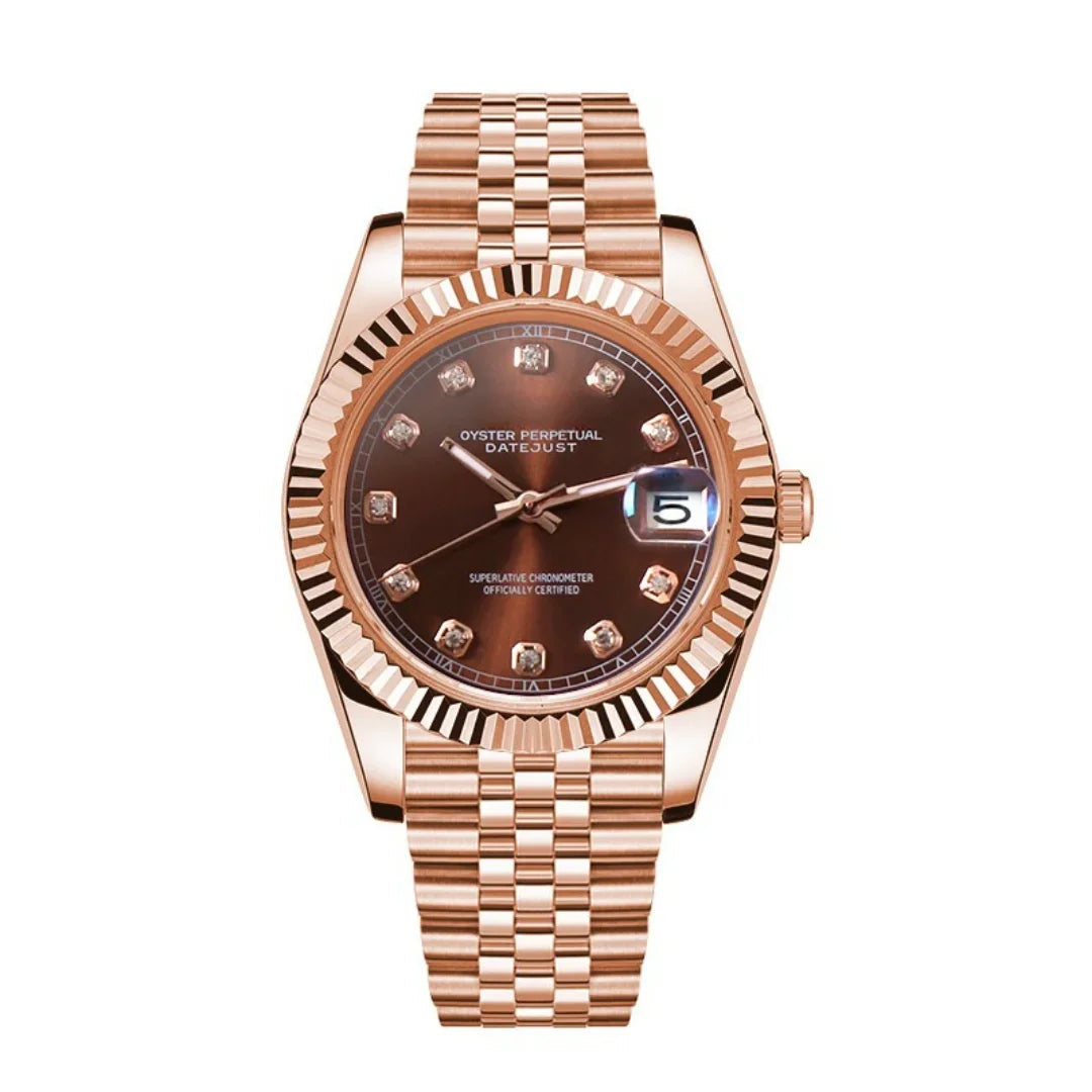 Dateko Chocolate Crystals Rose Gold de HW Design, reloj de vestir de 36 o 39 mm con esfera chocolate, detalles en oro rosa y caja de acero 316L