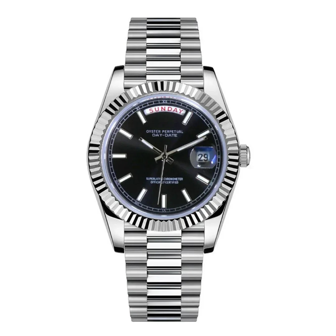 Dateko Daydate Black de HW Design, reloj de vestir de 39 mm con esfera negra, caja de acero 316L y cristal de zafiro