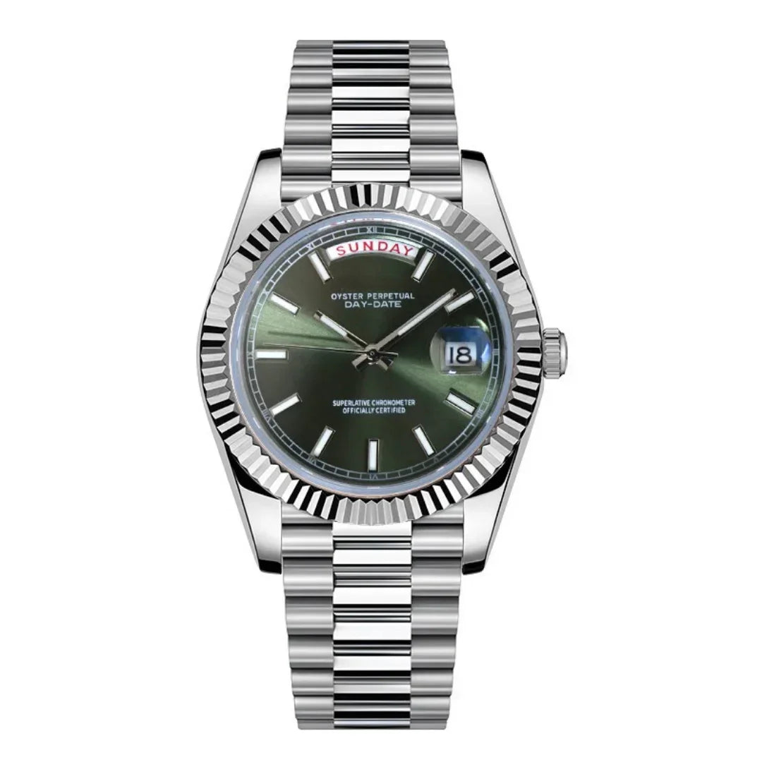 Dateko Daydate Olive Green de HW Design, reloj de vestir de 39 mm con esfera verde, caja de acero 316L y cristal de zafiro