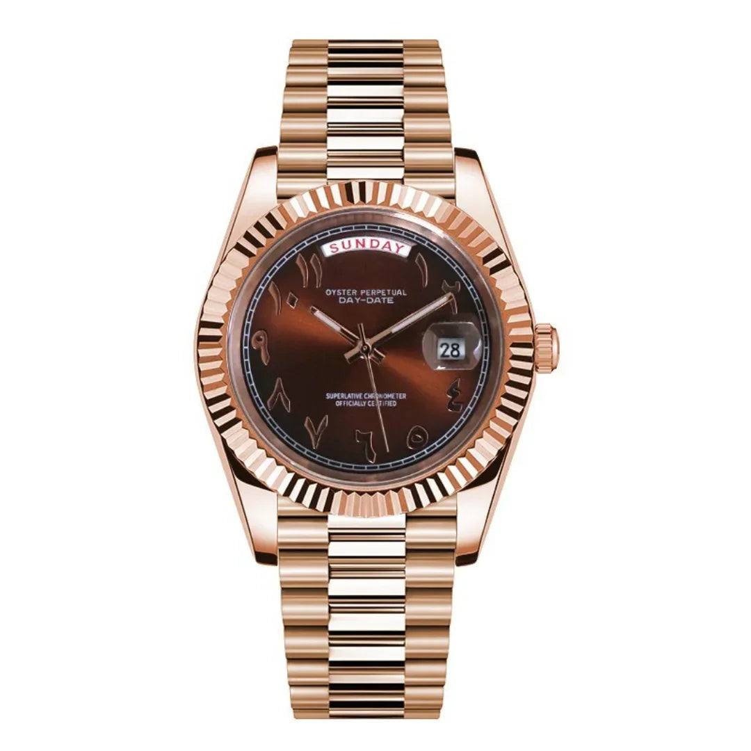 Dateko Daydate Arabic Chocolate de HW Design, reloj de vestir de 39 mm con esfera chocolate, caja de acero 316L y cristal de zafiro