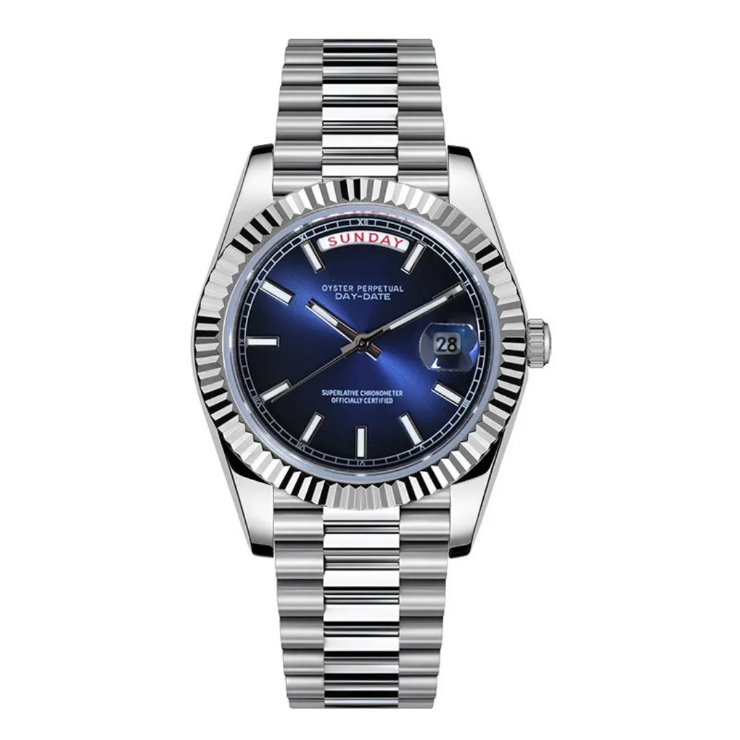 Dateko Daydate Royal Blue de HW Design, reloj de vestir de 39 mm con esfera azul, caja de acero 316L y cristal de zafiro