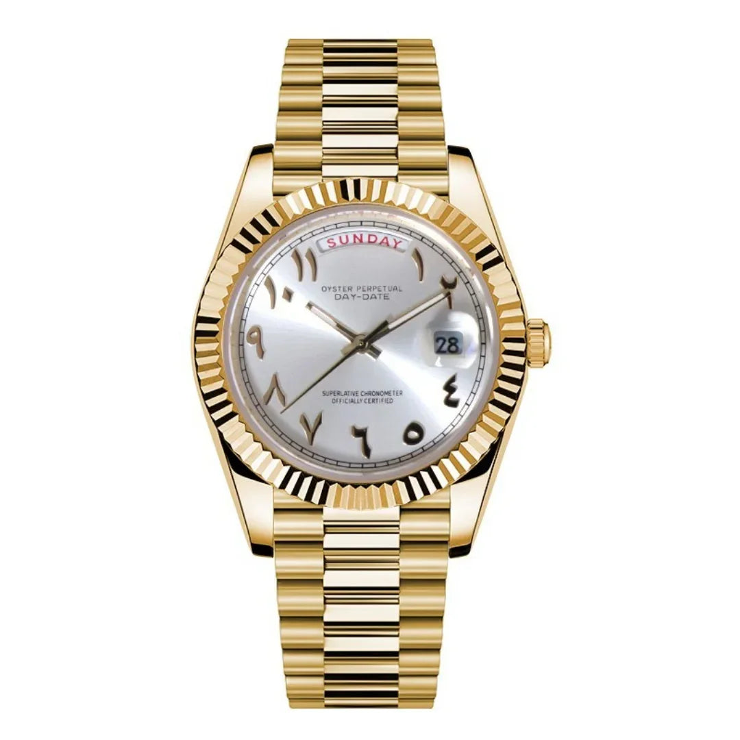 Dateko Daydate Arabic Gold White de HW Design, reloj de vestir de 39 mm con esfera blanca y detalles en oro, caja de acero 316L y cristal de zafiro