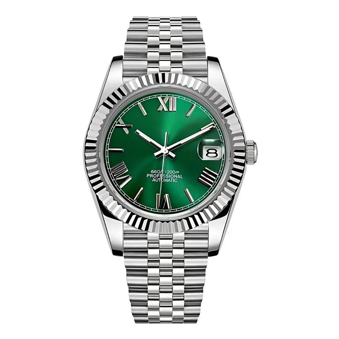Dateko Green Roman de HW Design, reloj de vestir de 36 o 39 mm con esfera verde, caja de acero 316L y cristal de zafiro