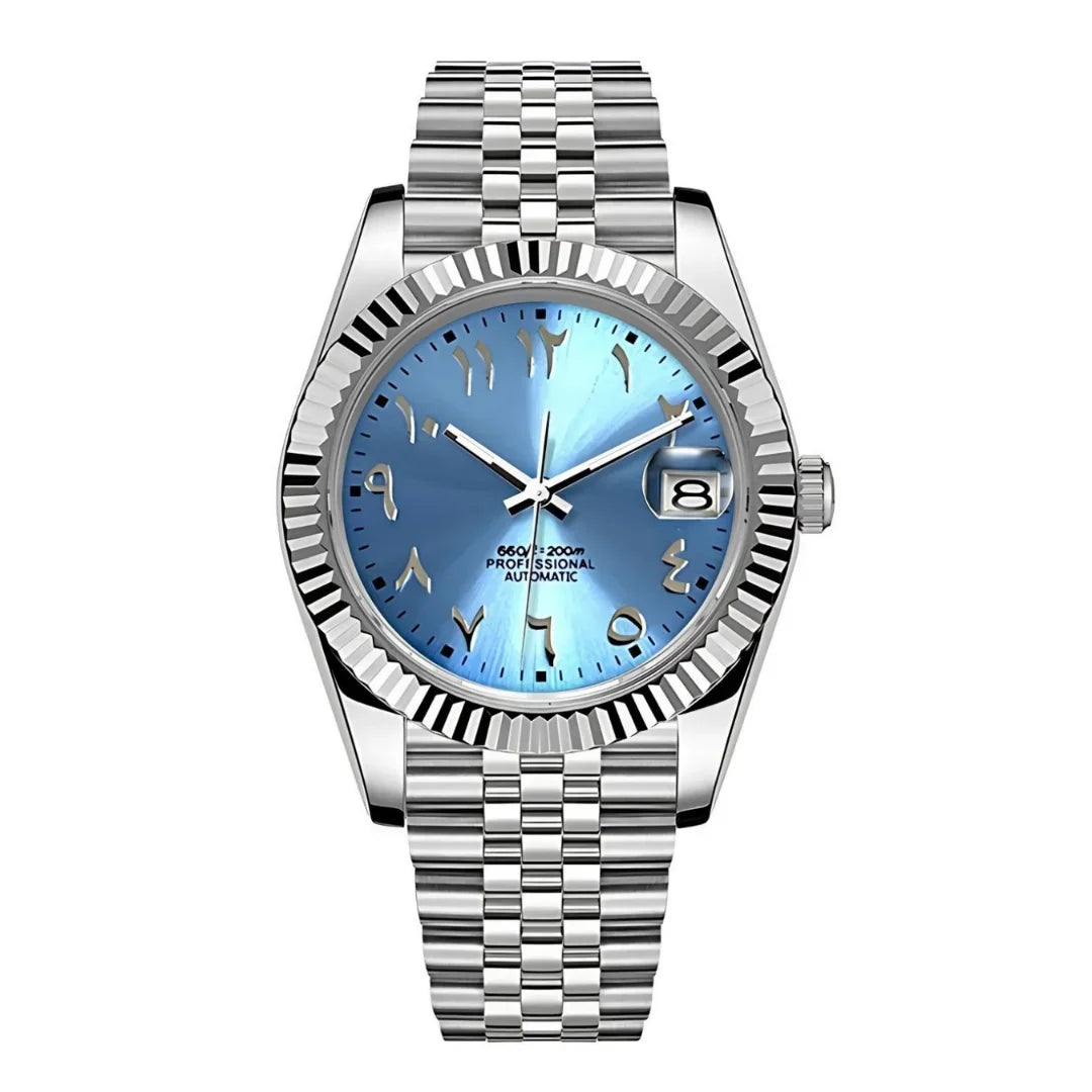 Dateko Arabic Ice Blue de HW Design, reloj de vestir de 36 o 39 mm con esfera azul, caja de acero 316L y cristal de zafiro