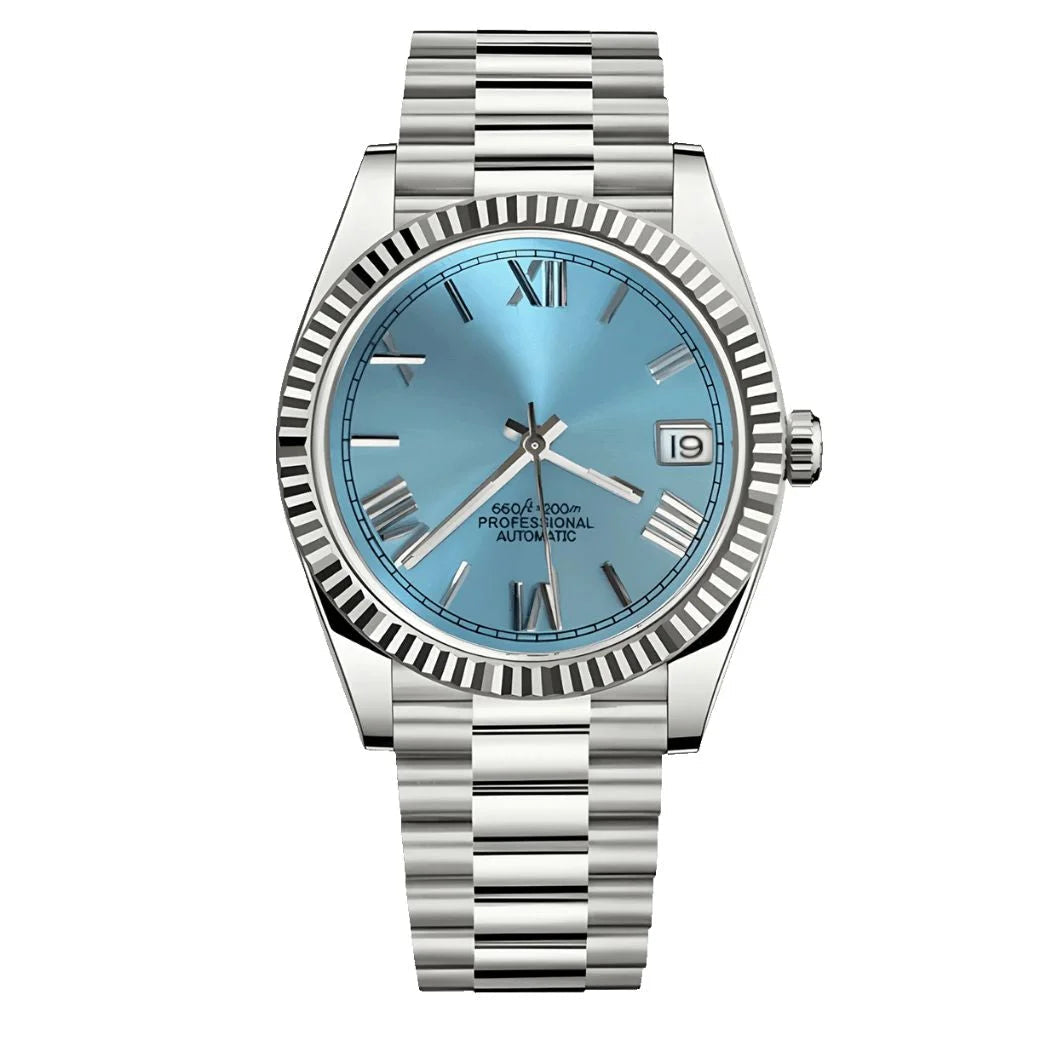 Dateko Ice Blue Roman de HW Design, reloj de vestir de 36 o 39 mm con esfera azul, caja de acero 316L y cristal de zafiro