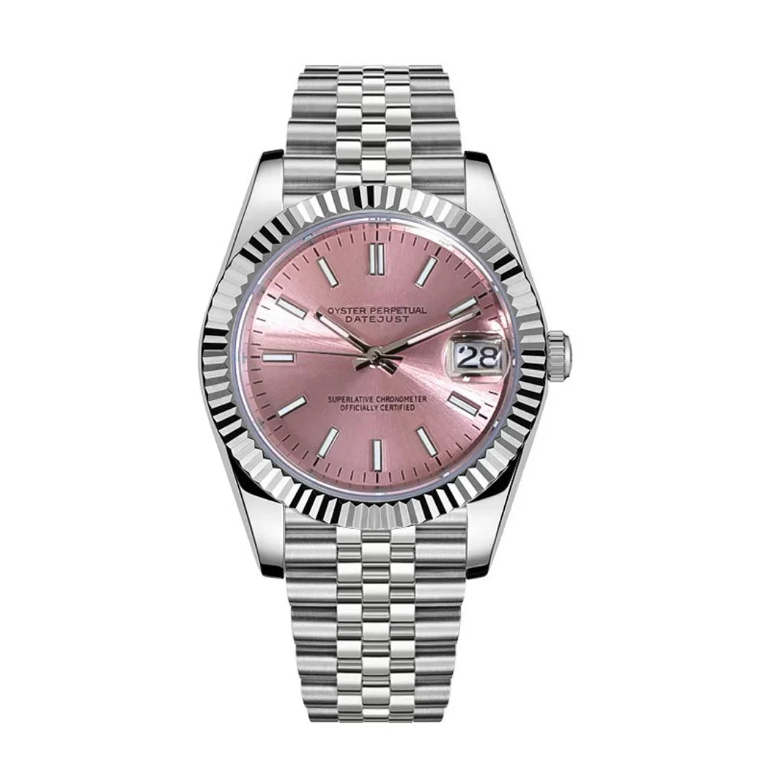 Dateko Pink de HW Design, reloj de vestir de 36 o 39 mm con esfera rosa, caja de acero 316L y cristal de zafiro