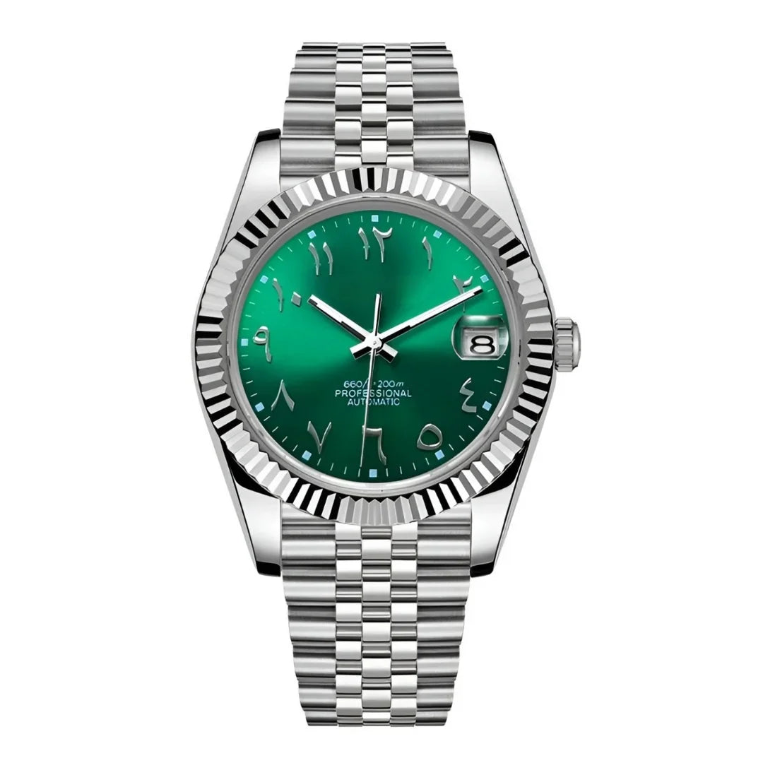 Dateko Arabic Royal Green de HW Design, reloj de vestir de 36 o 39 mm con esfera verde, caja de acero 316L y cristal de zafiro
