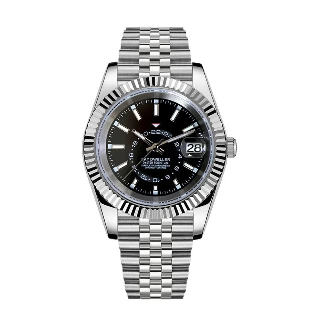 Dateko Sky Dweller Black de HW Design, reloj de vestir de 36 o 39 mm con esfera negra, caja de acero 316L y cristal de zafiro