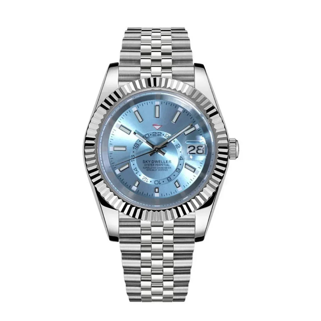 Dateko Sky Dweller Ice Blue de HW Design, reloj de vestir de 36 o 39 mm con esfera azul, caja de acero 316L y cristal de zafiro