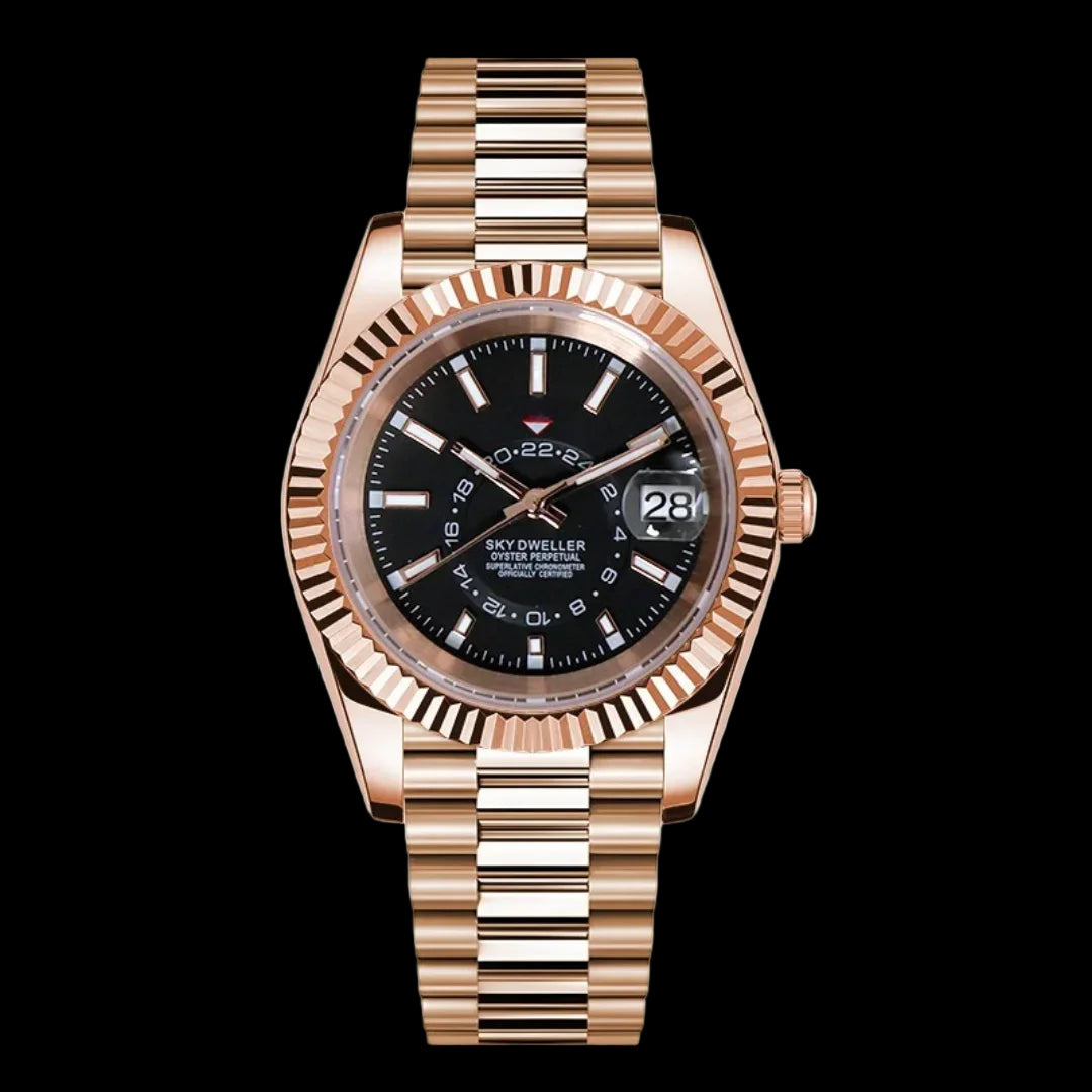 Dateko Sky Dweller Rose Black de HW Design, reloj de vestir de 36 o 39 mm con esfera negra y detalles en oro rosa, caja de acero 316L y cristal de zafiro