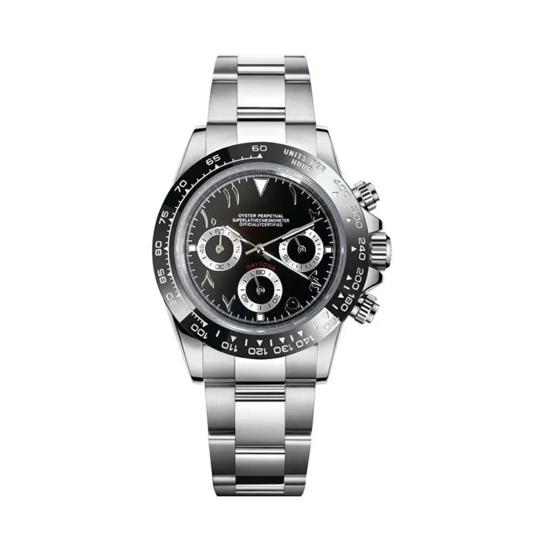 Seiktona Arabic Panda Black de HW Design, cronógrafo de 40 mm con esfera negra y blanca, caja de acero 316L y cristal de zafiro
