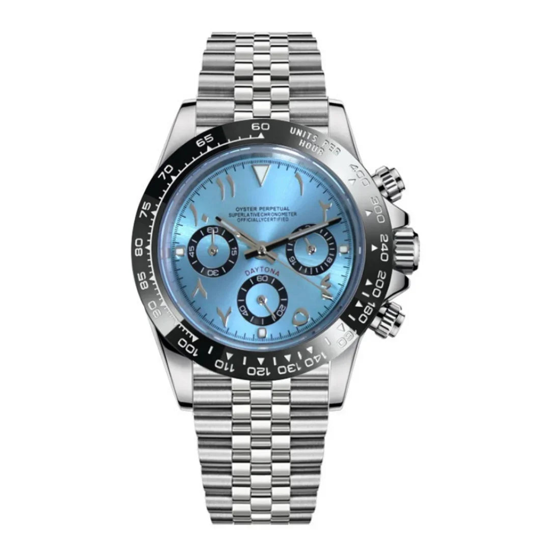 Seiktona Arabic Ice Blue de HW Design, cronógrafo de 40 mm con esfera azul, caja de acero 316L y cristal de zafiro