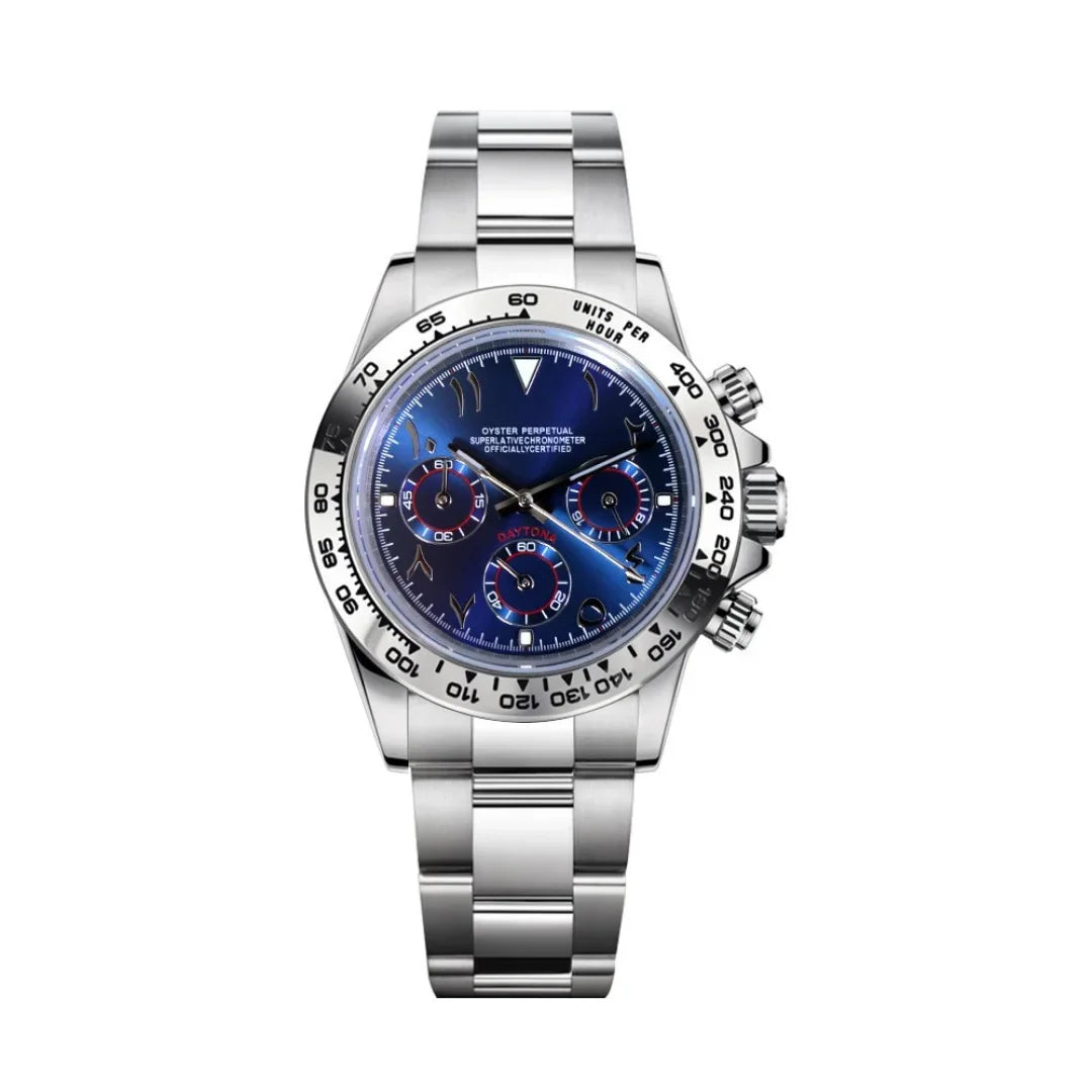 Seiktona Arabic Silver Blue de HW Design, cronógrafo de 40 mm con esfera azul y detalles en plata, caja de acero 316L y cristal de zafiro