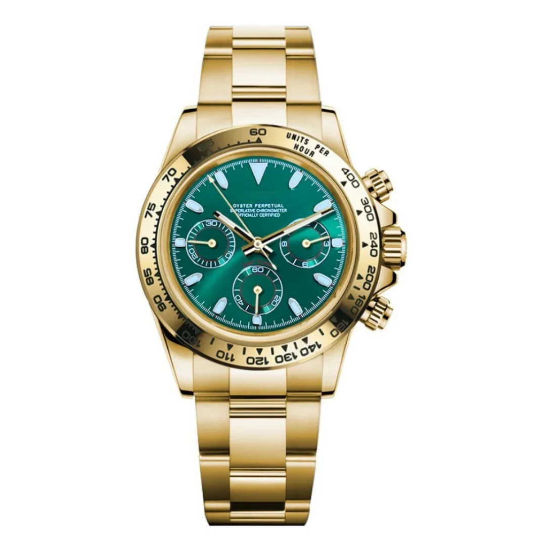 Seiktona Gold Green de HW Design, cronógrafo de 40 mm con esfera verde y detalles en oro, caja de acero 316L y cristal de zafiro