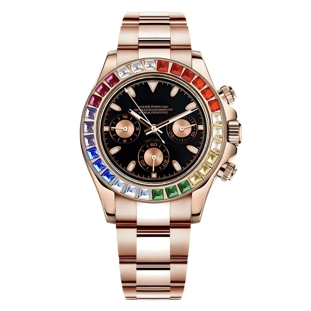 Seiktona Rose Gold Rainbow de HW Design, cronógrafo de 40 mm con esfera multicolor y detalles en oro rosa, caja de acero 316L y cristal de zafiro