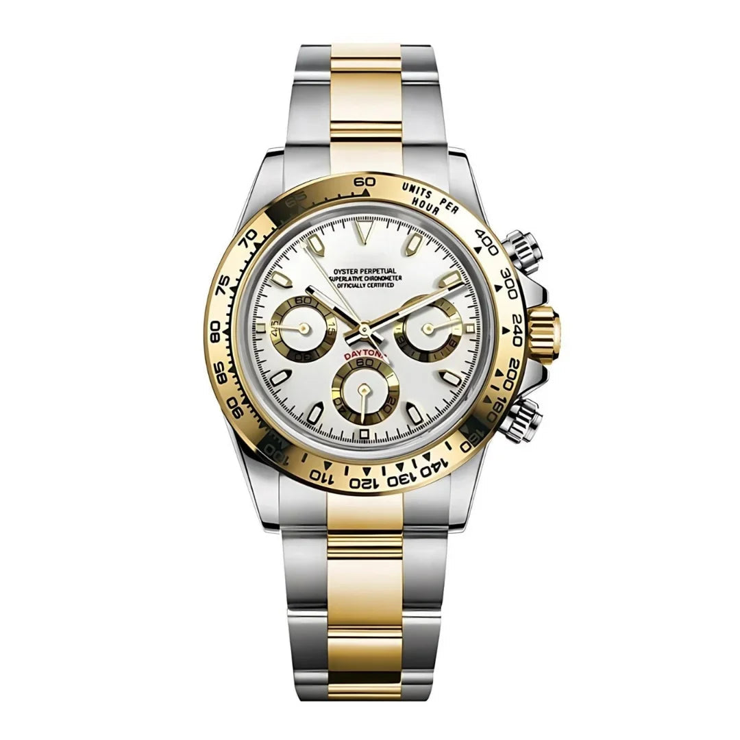 Seiktona Silver - Gold White de HW Design, cronógrafo de 40 mm con esfera blanca y detalles en oro y plata, caja de acero 316L y cristal de zafiro